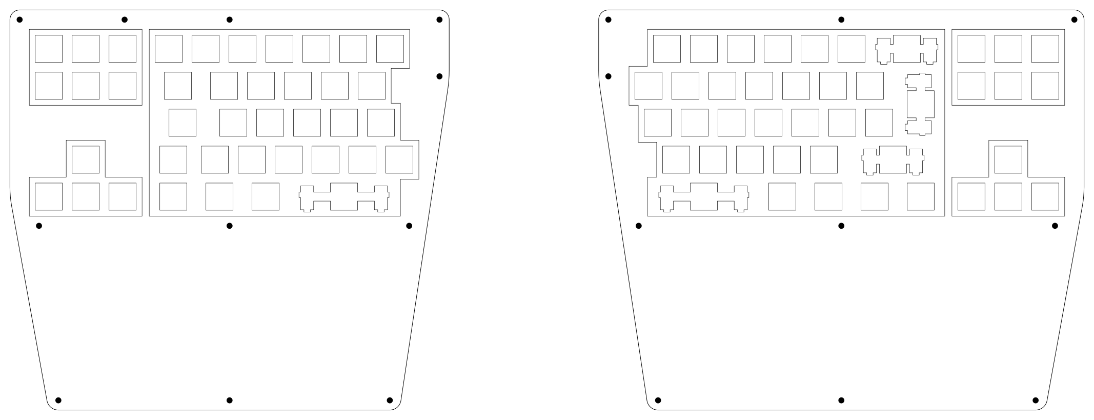 Drawing of the two keyboard halves side-by-side, only outline and switch positions visible
